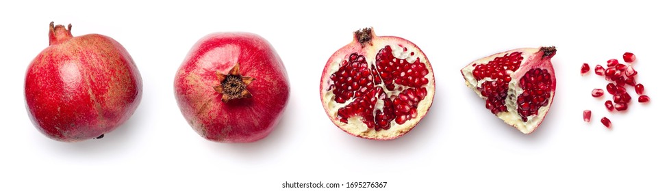 Fresh whole and half of pomegranate isolated on white background from top view