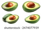 Fresh whole, half, and sliced avocado isolated on a white background fresh and healthy fruit.