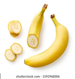 Fresh Whole, Half And Sliced Banana Isolated On White Background, Top View