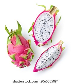 Fresh Whole, Half And Sliced Dragon Fruit Or Pitahaya (pitaya) Isolated On White Background, Top View