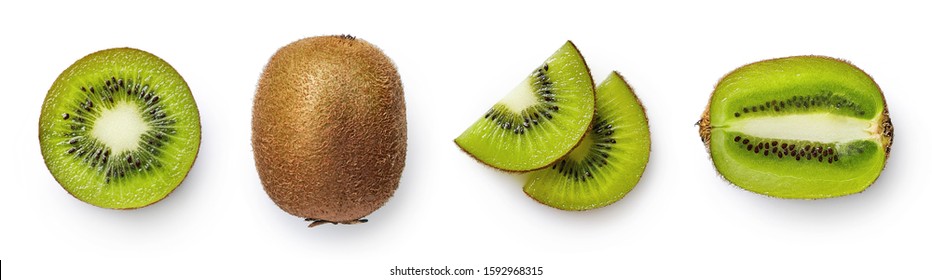 Fresh whole, half and sliced kiwi fruit isolated on white background, top view