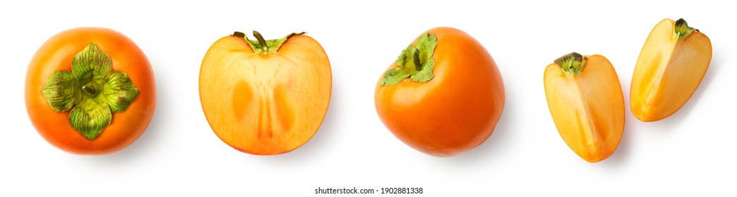 Frutos de persimón, enteros, a medias y en rodajas aislados en fondo blanco, vista superior