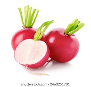 Fresh whole and half of small garden radishes isolated on white background