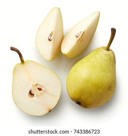 Fresh whole pear and slices isolated on white background. From top view