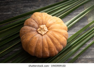 Fresh Whole Pumpkin Vegetable Cut In Half , Large Raw Ripe Orange Pumpkin Sliced Isolated On Palm Leaves. Winter Squash From Farm Harvested In Kerala India