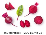 Fresh whole and sliced beetroot isolated on white background. High angle view.