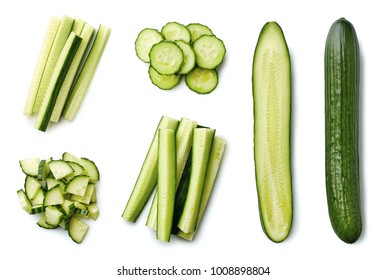 Fresh whole and sliced cucumber isolated on white background. Top view - Shutterstock ID 1008898804