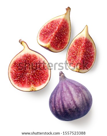 Fresh whole and sliced fig isolated on white background, top view