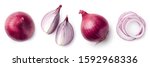 Fresh whole and sliced red onion isolated on white background, top view