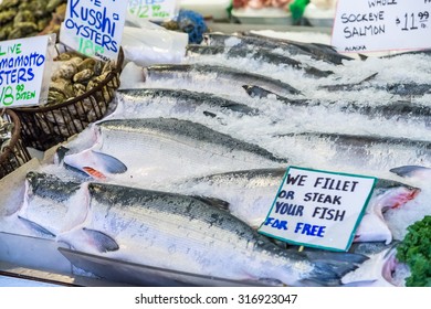 Fresh Whole Sockeye Salmons In Pike Place Market.