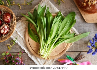 Fresh Wild Garlic Leaves With Mazanec - Czech Sweet Easter Pastry, Dyed Eggs And Spring Flowers, Top View