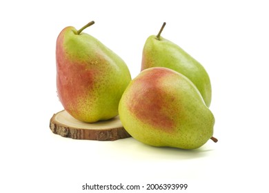 Fresh William green pears on isolated white background, cut out with clipping path. Close up object whole fruit. Raw, tasty, juicy, vitamin full nutrition. Group of organic pears. Nobody, macro shot.