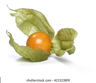 Fresh Winter Cherry, Selective Focus. Close-up Of Physalis, Isolated On White Background.