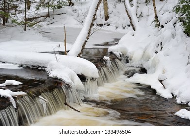 Fresh Winter Snow At Mosquito River, Pictured Rocks National Lakeshore. Michigan, USA