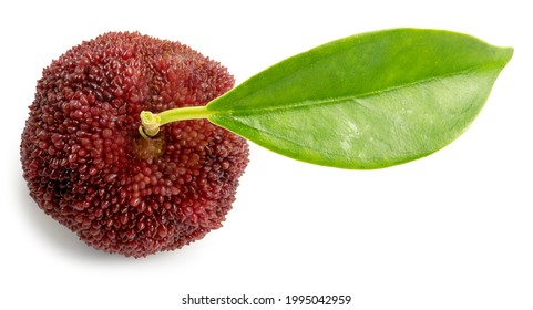 Fresh Yangmei or Waxberry or Bayberry, sweet and sour fruit, with green leaf isolated on white background. Clipping path