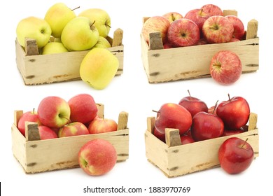fresh yellow apples, sweet small apples, new Dutch apple variety called "Dalinco" and fresh delicious red Jonagold apples in a wooden crate on a white background