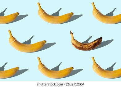 Fresh yellow bananas in condoms and one rotten banana without a condom. Sexually transmitted infection concept. Seamless repeating pattern.