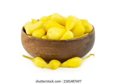 Fresh yellow chubby hot pepper pickle isolated on white background, marinated or canned peppers