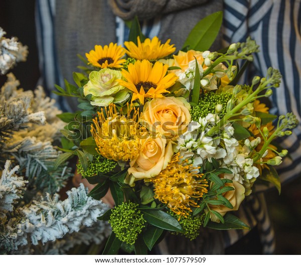 Fresh Yellow Flower Bunch Sunflowers Roses Stock Photo Edit Now 1077579509