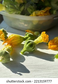 Fresh Yellow Flowers Of A Small Decorative Pumpkin. Fried Pumpkin Flower As Summer Appetizers.