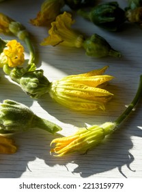 Fresh Yellow Flowers Of A Small Decorative Pumpkin. Fried Pumpkin Flower As Summer Appetizers.