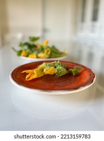 Fresh Yellow Flowers Of A Small Decorative Pumpkin. Fried Pumpkin Flower As Summer Appetizers.