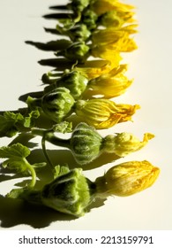 Fresh Yellow Flowers Of A Small Decorative Pumpkin. Fried Pumpkin Flower As Summer Appetizers.