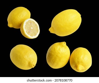 Fresh Yellow Lemon Fruit Isolated With Clipping Path, No Shadow, Pieces, Half, Slices In Black Background