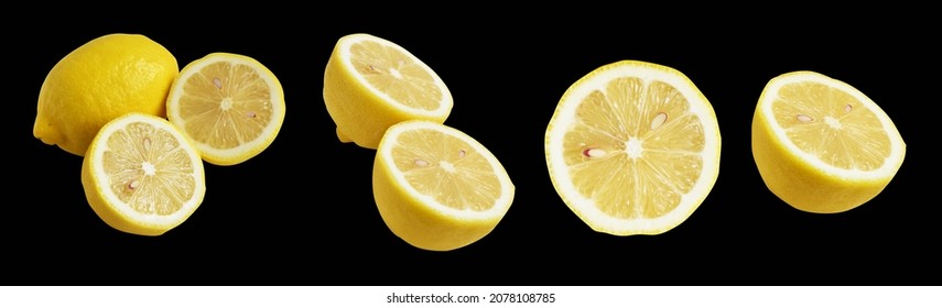 Fresh Yellow Lemon Fruit Isolated With Clipping Path, No Shadow, Pieces, Half, Slices In Black Background