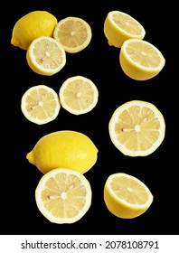 Fresh Yellow Lemon Fruit Isolated With Clipping Path, No Shadow, Pieces, Half, Slices In Black Background