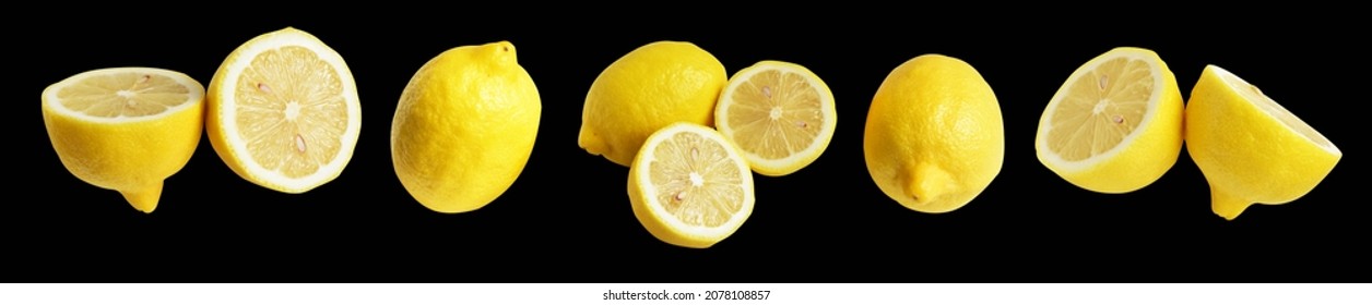 Fresh Yellow Lemon Fruit Isolated With Clipping Path, No Shadow, Pieces, Half, Slices In Black Background