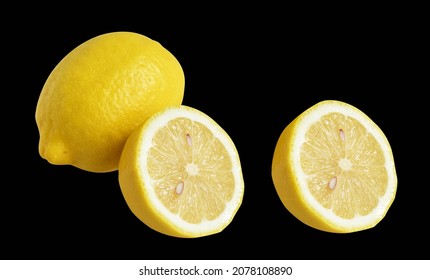 Fresh Yellow Lemon Fruit Isolated With Clipping Path, No Shadow, Pieces, Half, Slices In Black Background