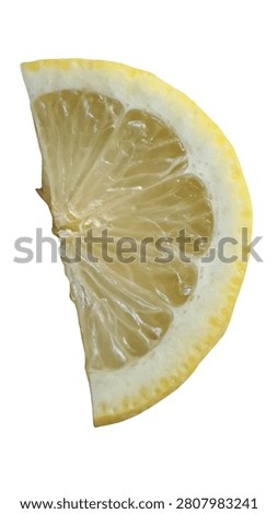 Fresh yellow lemon half slice isolated on solid white background. Juicy citrus semicircle wedge, top view.