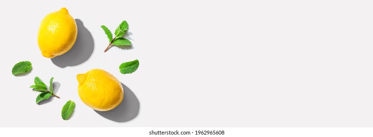 Fresh Yellow Lemons With Mints Overhead View - Flat Lay