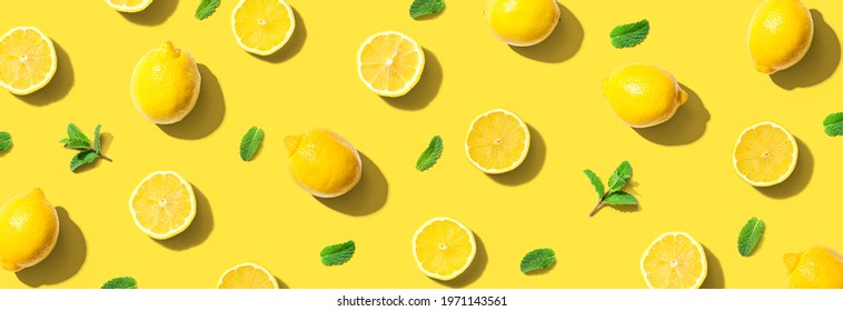 Fresh Yellow Lemons With Mints Overhead View - Flat Lay