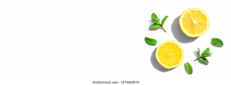 Fresh Yellow Lemons With Mints Overhead View - Flat Lay