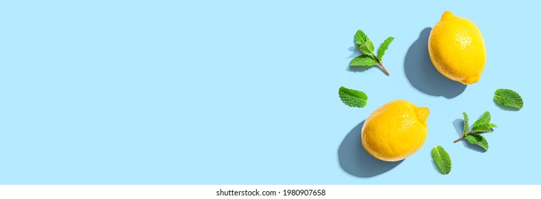 Fresh Yellow Lemons With Mints Overhead View - Flat Lay