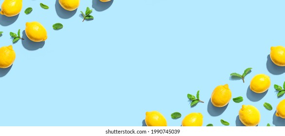 Fresh Yellow Lemons With Mints Overhead View - Flat Lay