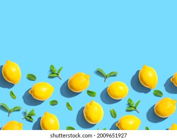 Fresh Yellow Lemons With Mints Overhead View - Flat Lay