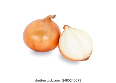 Fresh Yellow Onion bulbs and half isolated on white background.