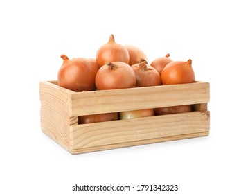 Fresh yellow onion bulbs in wooden crate isolated on white - Shutterstock ID 1791342323