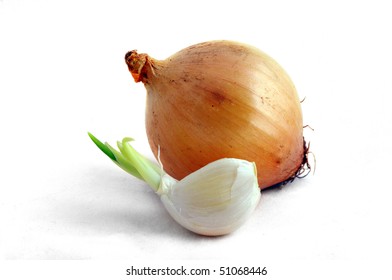 Fresh Yellow Onion With Garlic Isolated On White Background