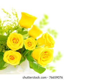 Fresh yellow roses border isolated on white background