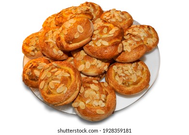 Freshly Baked Almond Rolls, Round Sweet Bread Isolated On White Background