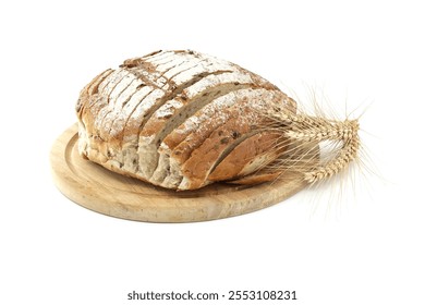 Freshly baked artisan bread displayed on a wooden cutting board, accompanied by wheat stalks, representing homemade and organic baking. Perfect for concepts of freshness, tradition, and rustic cuisine - Powered by Shutterstock