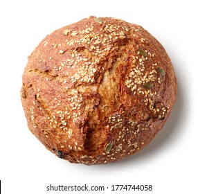 Freshly Baked Artisan Bread Isolated On White Background, Top View