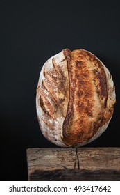Freshly baked artisan sourdough bread with sun flower seeds and whole wheat flour on wooden board. Black background. Selective focus. - Shutterstock ID 493417642