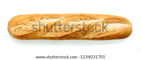 freshly baked baguette isolated on white background, top view