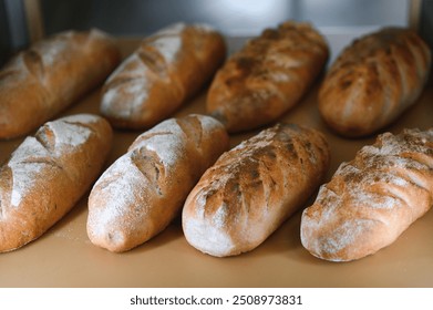 Freshly baked bread on bakery shelves. Bread diversity in bright light. Breads with a golden crust on wooden shelves. Loaves of bread assortment. - Powered by Shutterstock