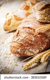 Freshly baked bread in rustic setting